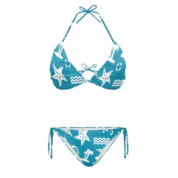 HELLHERO Polyester Spandex Bikini Sets Halter String Triangle Bathing Suit for Ladies Modern Sexy Halter Bikini Set Palm Tree Starfish Pattern