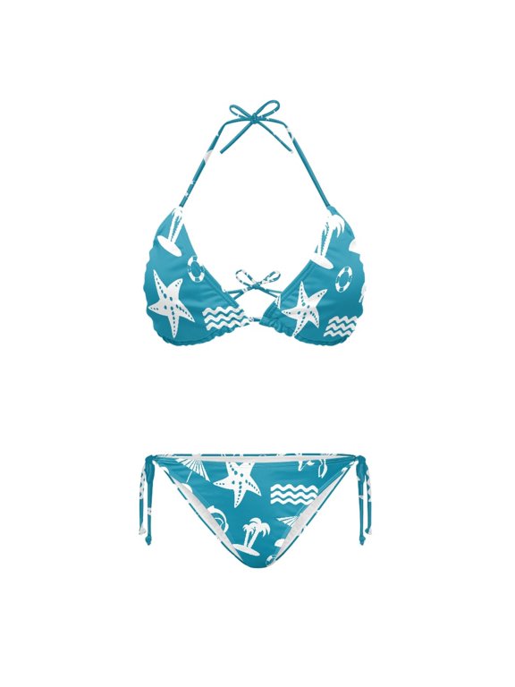 Polyester Spandex Bikini Sets Halter String Triangle Bathing Suit for Ladies Modern Sexy Halter Bikini Set Palm Tree Starfish Pattern