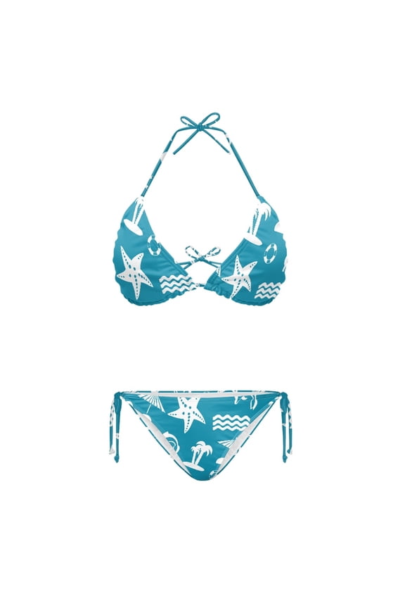 Polyester Spandex Bikini Sets Halter String Triangle Bathing Suit for Ladies Modern Sexy Halter Bikini Set Palm Tree Starfish Pattern
