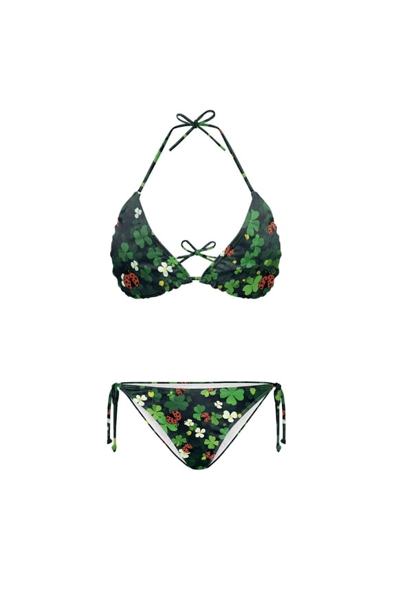 Polyester Spandex Swimwear for Women Drawstring Design Plus Size Design Halter Bikini Set Ladybug and Daisy Pattern