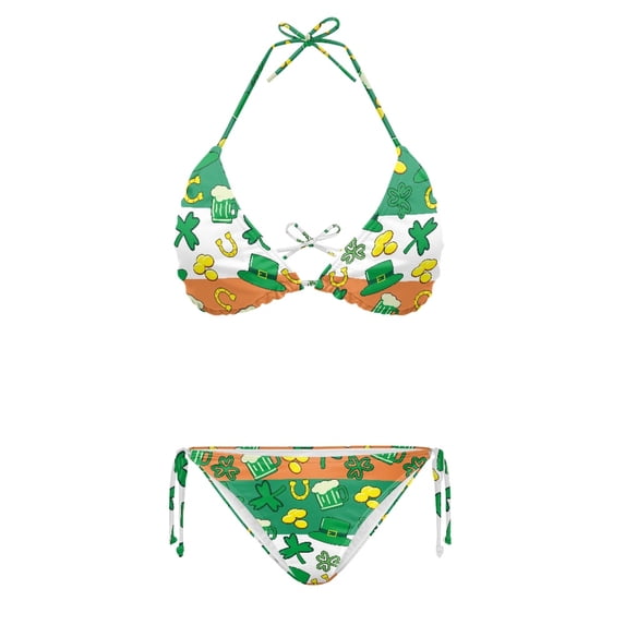 HELLHERO Polyester Spandex Two Piece Bathing Suit for Women Sexy Plus Size Halter Bikini Set Clover Lucky Hat Design