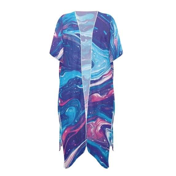 HELLHERO Polyester Swimwear Coverup for Beach Short Sleeve Free Size Long Kimono Swimsuit Cover Up Blue Marble Pattern