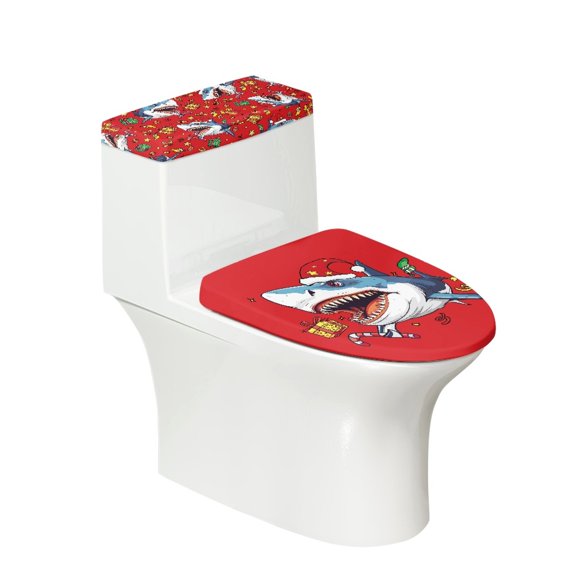 HELLHERO Polyester Toilet Tank Lid Cover 17 × 21 Inch, 2 Piece Toilet Cover Set for Bathroom and Home Decoration, Christmas Shark Pattern