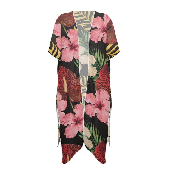 HELLHERO Polyester Women Long Beach Cover Up for Swimwear for Pool Casual Loose Cardigan Breathable Pink Hibiscus