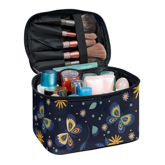 HELLHERO Portable Cosmetic Makeup Bag Makeup Cosmetic Bag Multi-Function Makeup Organizer Fold Flat Travel Make Up Organizer Portable, Butterflies and Flowers