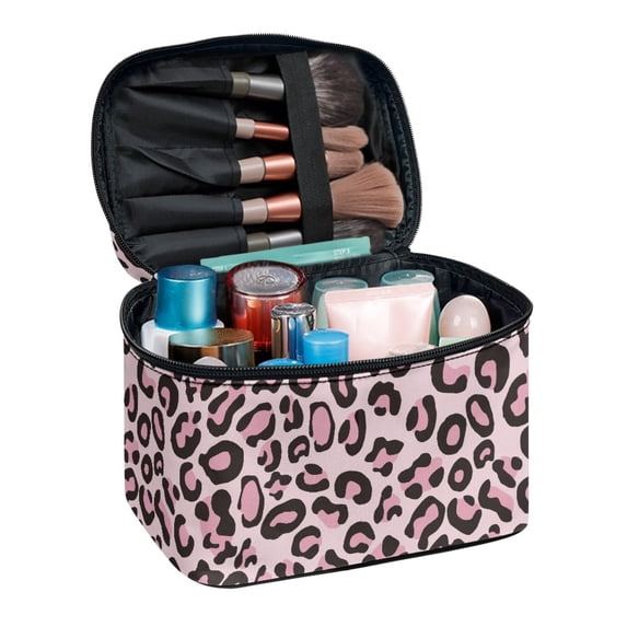 HELLHERO Portable Hanging Organizer Travel Makeup Brush Case Pink Leopard Print Door Room Essentials Travel Organizer Large Capacity Multifunctional