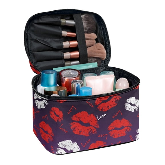 HELLHERO Portable Travel Cosmetic Bags Wide-open Large Capacity Makeup Bag Double Zip Brush Slots for Makeup (8.86"x6.5"x5.9"), Lip Pattern Design