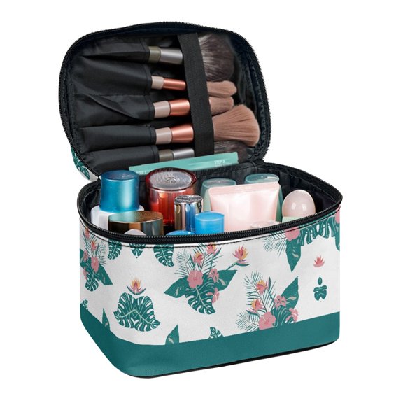 HELLHERO Portable Travel Makeup Bag Large Capacity Travel Makeup Case Organizer with Brush Slots Beauty Brush Holder Monstera Leaf Floral Pattern