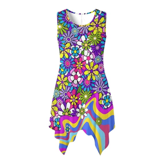 HELLHERO Psychedelic Floral Print Casual Midi Dress, Pleated Sleeveless Sundress Side Pockets Round Neck Asymmetric Hem Midi Dress