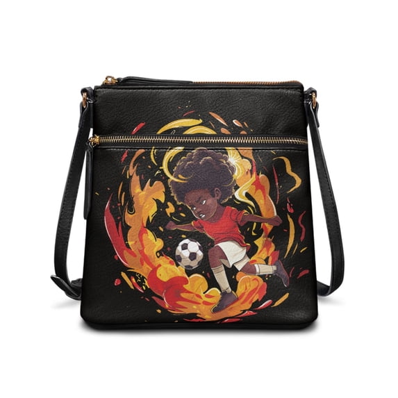 HELLHERO Pu Leather Single Shoulder Crossbody Purse for Travel Daily Activities, Durable Smooth Zipper Satchel, Soccer Player Flame Print