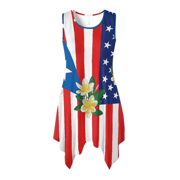 HELLHERO Puerto Rico Flag Print Casual Midi Dress, Side Pockets Sleeveless Sundress Irregular Hem Round Neck Sleeveless Sundresses