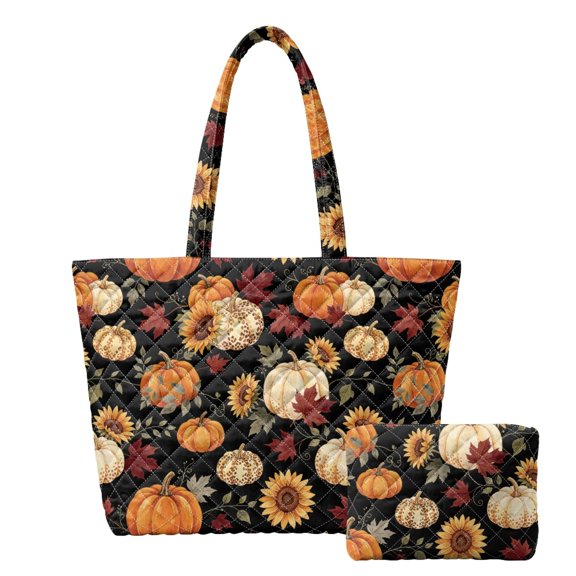 HELLHERO Pumpkin Sunflower Print Tote Handbag Set for Vacation, Lightweight Portable Women's Quilted Bag Set of 2 Polyester Quilted Shoulder Bags