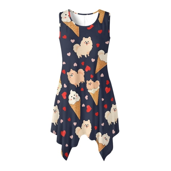 HELLHERO Puppy Ice Cream Pattern Sleeveless Sundress, Side Pockets Asymmetric Hem Midi Dress with Irregular Hem Round Neck for Graduation