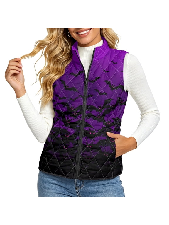 Purple Black Bat Pattern Warm Quilted jacket vest for Women, Polyester Women's Quilted Vest Lightweight Women's quilted jacket vest for Fall Traveling