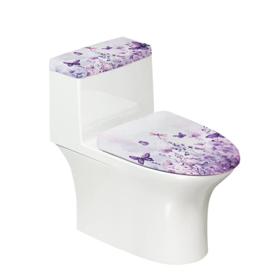 HELLHERO Purple Butterflies and Flowers Toilet Seat Cover Replacement for Fits All Toilet Shapes Polyester Stretch Stretch Fit Non-Slip Elastic Bottom Washable and Reusable Durable