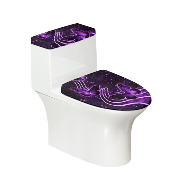 HELLHERO Purple Butterflies Musical Notes Adjustable Elastic Fabric Toilet Seat Protector Soft Round Toilet Lid Dust Cover & Easy to Clean for Modern Bathrooms