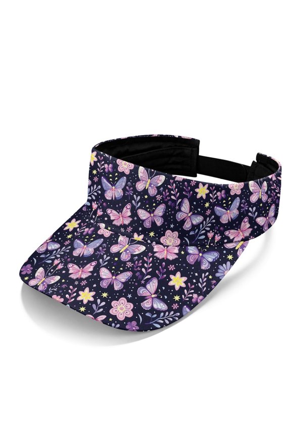 Purple Butterfly & Floral Print Breathable Sun Visor Cap for Sports Tennis, Lightweight Open Top Open Top Sun Visor