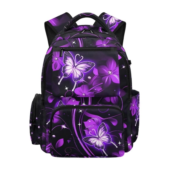 HELLHERO Purple Butterfly Floral School Backpacks with Multi-Pockets Multiple Pockets Travel Ruckpack, Side Pockets 17 Inch School Bag for Middle School Elementary