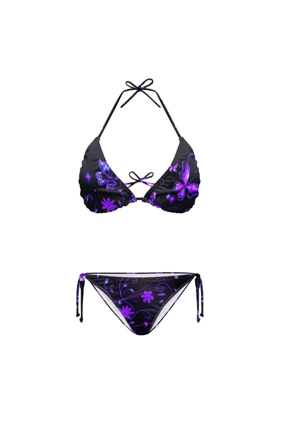 Purple Butterfly Garden Bikini Set Spandex Plus Size Elastic String Swimsuits Triangle Halter String 2 Piece Bikini Sets Quick Drying