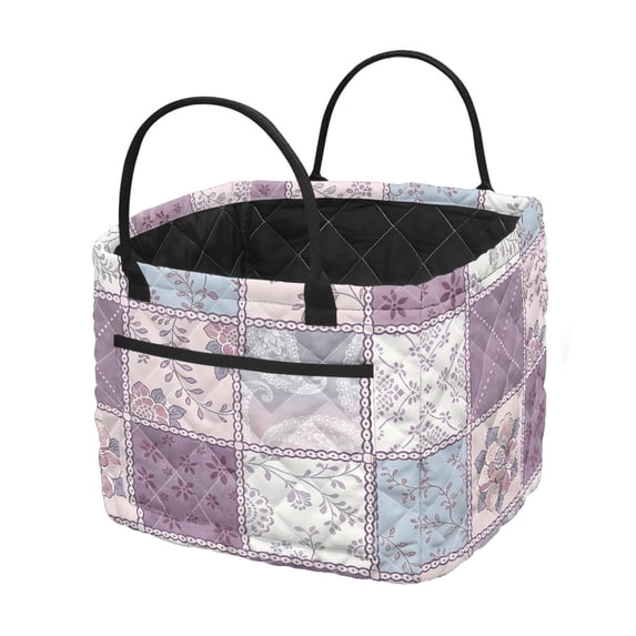 HELLHERO Purple Floral Patchwork Print Front Pocket Fabric Storage Hamper for Dorm Bathroom, Polyester Collapsible Quilted Storage Basket with Waterproof