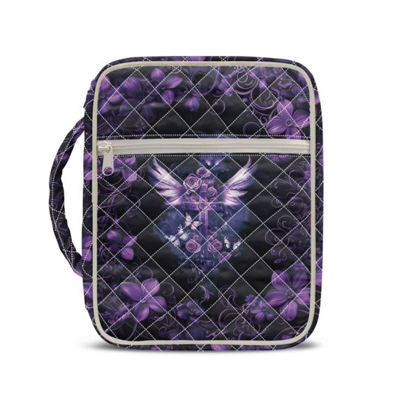 HELLHERO Purple Floral Winged Cross Bible Organizer Bag, Elastic Polyester Fabric Lightweight Case for Girls Women Daily School Use