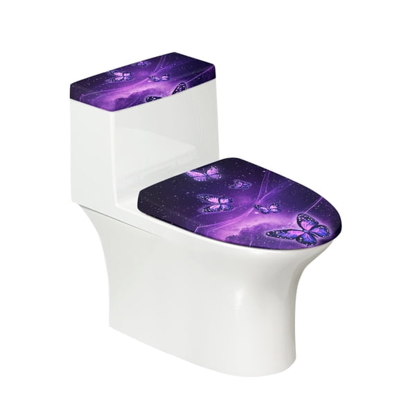 HELLHERO Purple Galaxy Butterflies Fashion Toilet Cover Set Fits All Toilet Shapes Polyester Fabric, Adjustable, Elastic Edge U-Shaped