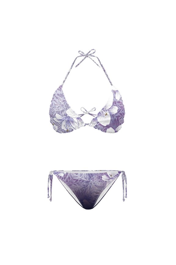 Purple Hued Lily Breeze Bikini Set Soft Fabric Plus Size Design Elastic String Plus Size Swimsuit Drawstring