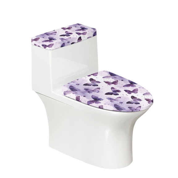 HELLHERO Purple Watercolor Butterfly Toilet Lid Cover Set 17x21 Inches, Polyester Toilet Tank Lid Cover for Home Bathroom Decoration