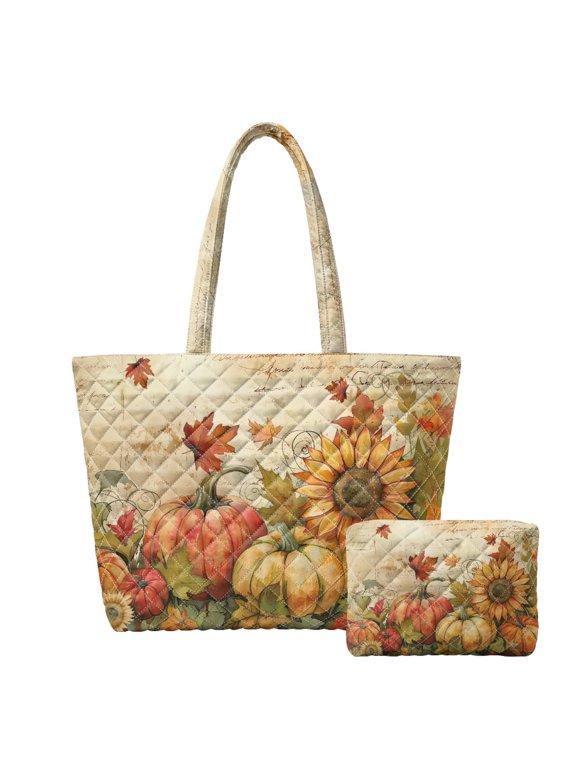 Purses and Handbags Set for Travel Daily, Portable Large Capacity Shopper Handbag 2 Piece Women's Quilted Bag Sunflower