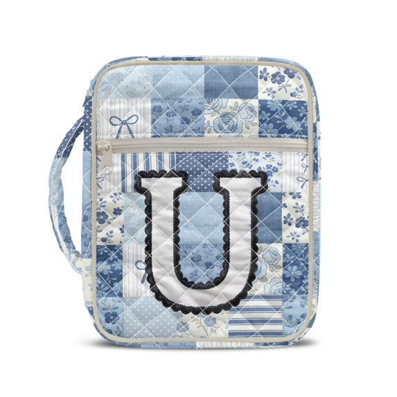 HELLHERO Quilted Bible Cover Case with Letter U Floral Patchwork, Soft Lightweight Stretch Polyester Bible Holder Protector for Women Girls Daily Church Use