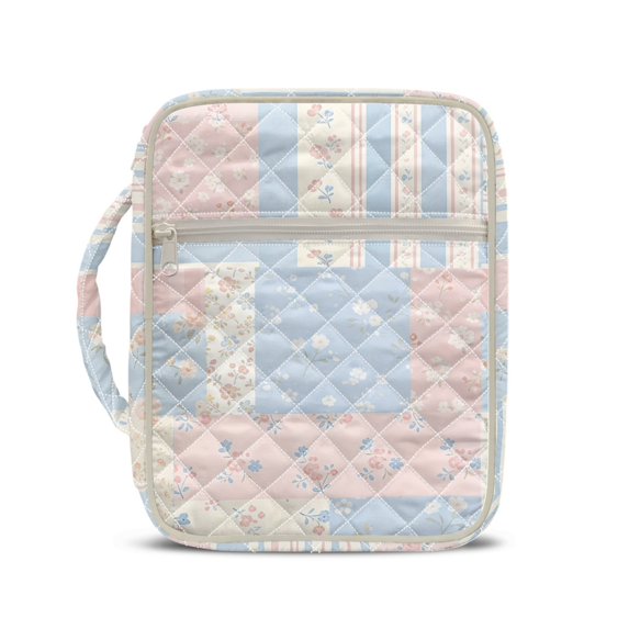 HELLHERO Quilted Bible Cover Case with Pastel Floral Patchwork, Polyester Zippered Bible Protector Bag for Women Girls Daily Bible Study