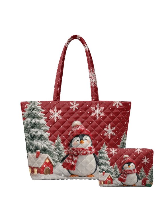 Quilted Shoulder Bags for Daily Use Tours, Easy to Clean Lightweight Purses and Handbags Set Set of 2 Quilted Tote Bags Christmas Penguin Print