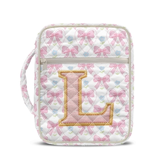 HELLHERO Quilted Zipper Pocket Bible Cover Case for Women, Handle Lightweight Elastic Polyester Bible Carrier Tote Bag Initial Letter L