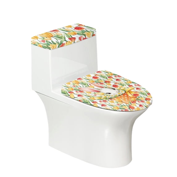 HELLHERO Rabbit in Basket with Tulips Toilet Lid Cover Set Machine Washable for Gift Dust-Proof Toilet Seat Cover Replacement