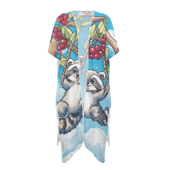 HELLHERO Raccoon Swing Bathing Suit Cover Up Loose Polyester Casual Long Kimono Swimsuit Cover Up