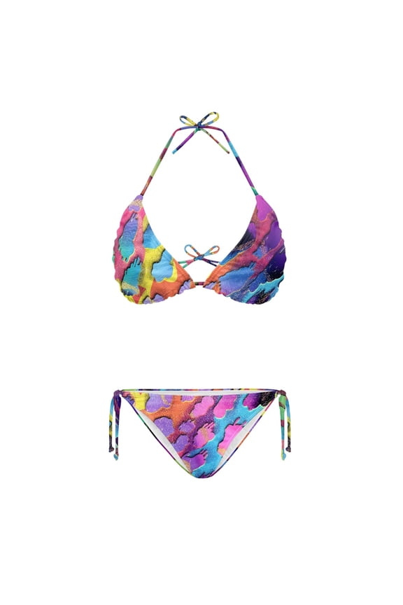 Rainbow Abstract Print Ladies Two Piece Bikini Set Swimwear Removable Padded Halter Bathing Suit with Strong Stitching Side Tie Triangular