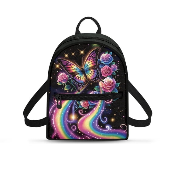 HELLHERO Rainbow Butterfly Rose Pattern Mini Backpack, Front Pocket Polyester Small Backpack for Travel Work, Practical Zipper Cell Phone Backpack