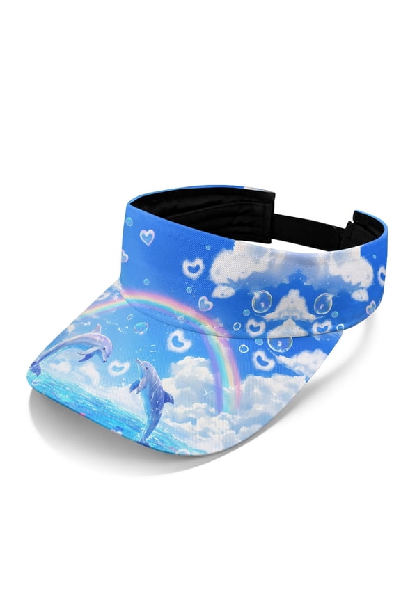 Rainbow Dolphin Design Sun Visor Cap, Adjustable Strap Sun Visor Hat Polyester Fabric Breathable Empty Top Design Sports Visor Hat for Travel