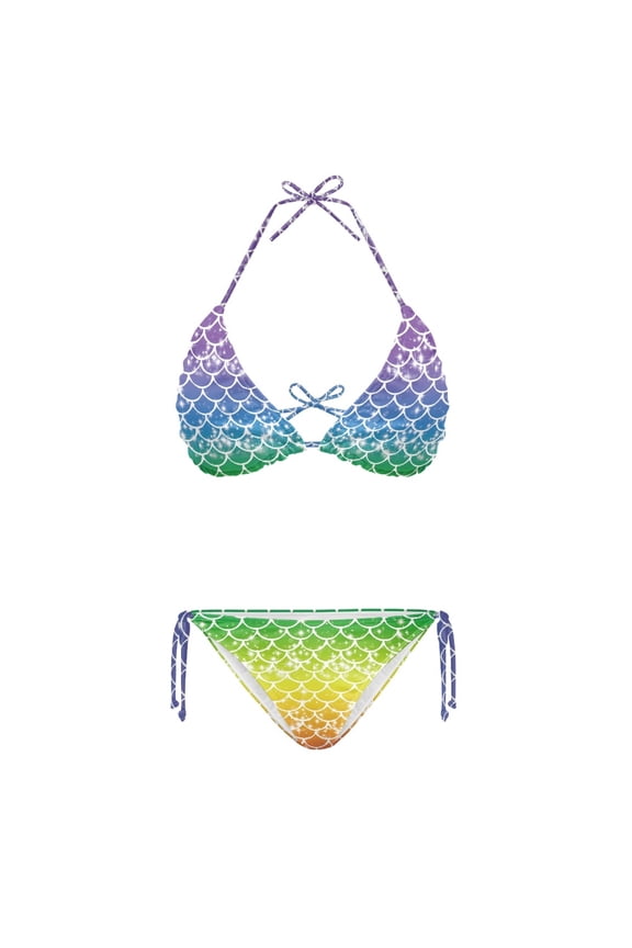Rainbow Mermaid Scale Two Piece Bikini Set Long-Lasting Halter String Ladies Bathing Suit Swimwear for Summer Vacation