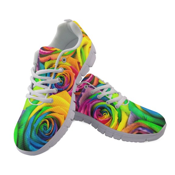 HELLHERO Rainbow Rose Lightweight Running Sneakers, Mesh Breathable Athletic Trainers for Men and Women, Lace up for Walking and Tennis