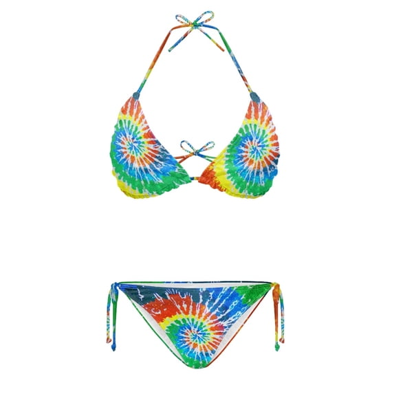 HELLHERO Rainbow Tie Dye Ladies Bikini Swimsuit Set Lightweight Two Piece Swimwear with Triangle Top Side Tie Bottoms Fashion Bathing Suit