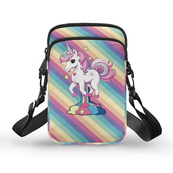 HELLHERO Rainbow Unicorn Double Zipper Crossbody Small Crossbody Bags for Adults Travel, Outdoor and Daily Use Messenger Bag Polyester 4.33x1.97x7.09