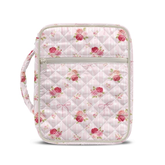 HELLHERO Red Rose Pattern Washable Quilted Bible Cover for School Scripture Study, Elastic Polyester Bible Cover Case with Lightweight