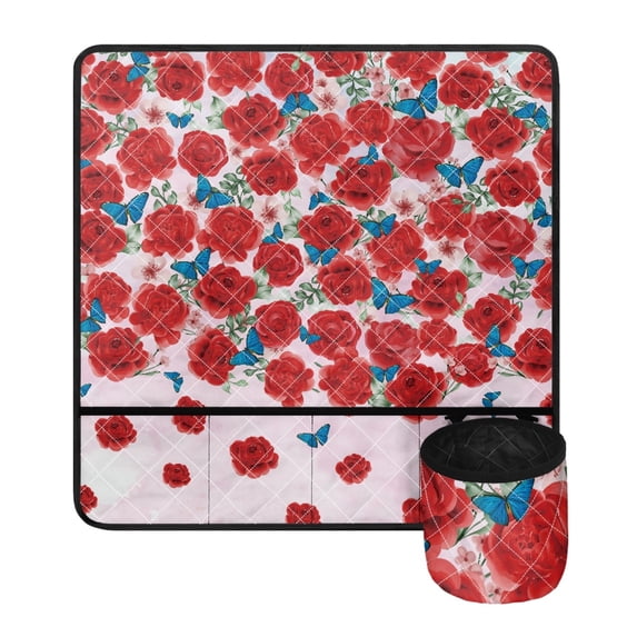 HELLHERO Red Roses and Blue Butterflies Sewing Machine Mat Fabric Polyester Washable Waterproof for Woman Gifts Travelling and Sewing Classes