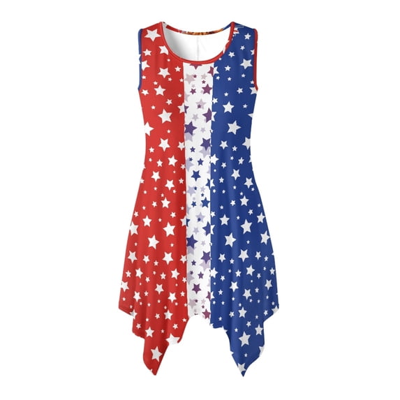 HELLHERO Red White Blue Ladies Irregular Hem Casual Dress, Side Pockets Asymmetric Hem Midi Dress with Round Neck Pleated for Vacation