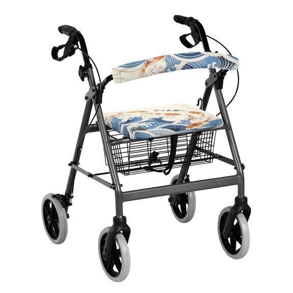 HELLHERO Removable Rollator Walker Seat Covers Stretchable Material Most Standard Sized Rollator Walker Seat Back Cover Wave and Carp Pattern