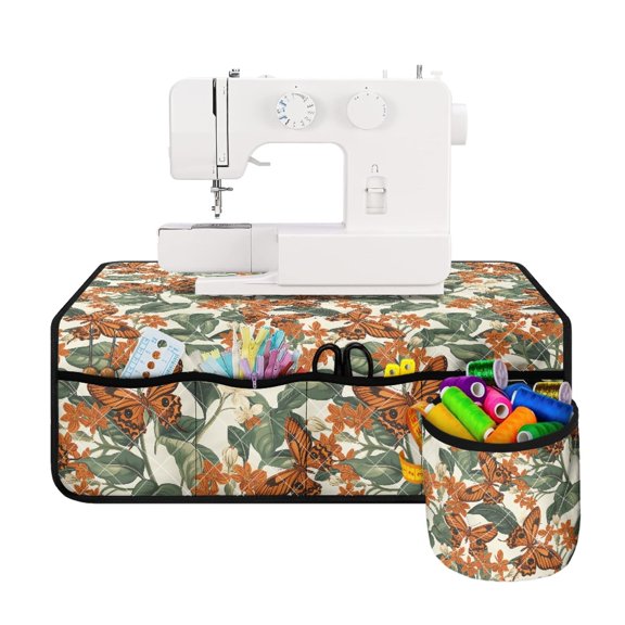 HELLHERO Retro Countryside Butterfly Floral Sewing Machine Mat Fabric Polyester Non Slip Protective Mat with 4 Pockets for Wife Mom