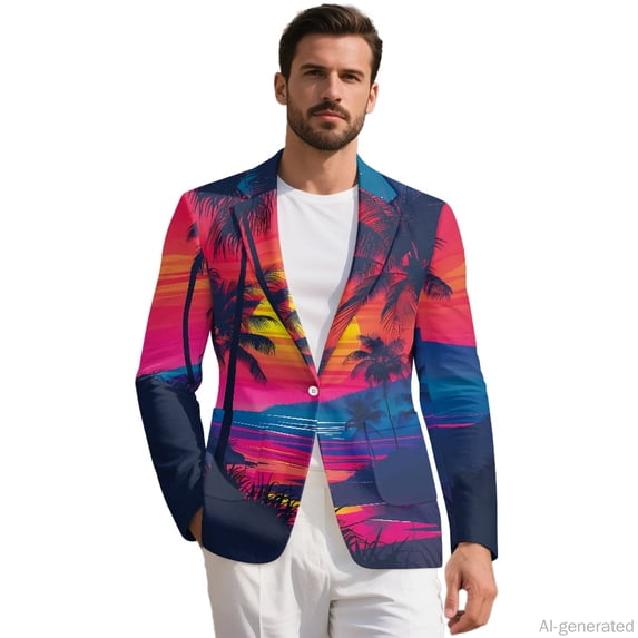 HELLHERO Retro Sunset Palm Print Suit Jackets, Slim Fit Blazer Lightweight Polyester Men's Blazer for Office