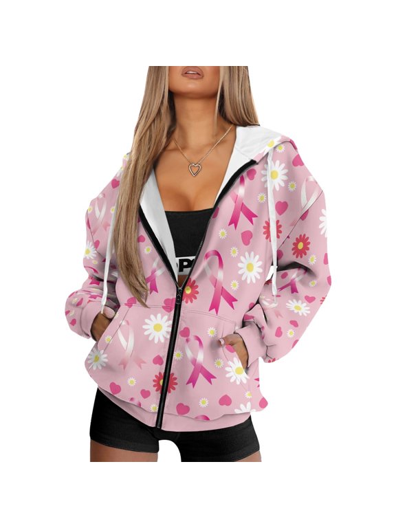 Ribbon Daisy with Pockets Hooded Jacket, Polyester Fabric Hooded Coat Drawstring Practical Front Pockets Oversized Hoodie for Fall Winter