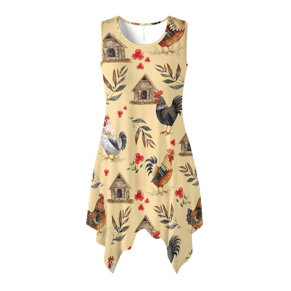 HELLHERO Rooster Cabin Irregular Hem Sundress, Side Pockets Sleeveless Sundress with Round Neck With Side Pockets for Vacation